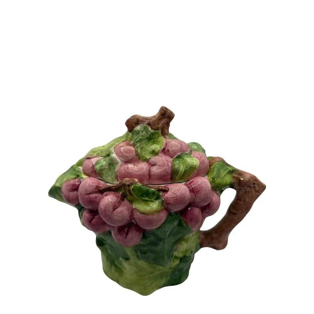 Vintage Italian Majolica Ceramic Fruit‎ Teapot Purple Grapes Green Leaves Italy